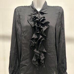 Ralph Lauren Black 100% Silk Button Ruffle Blouse